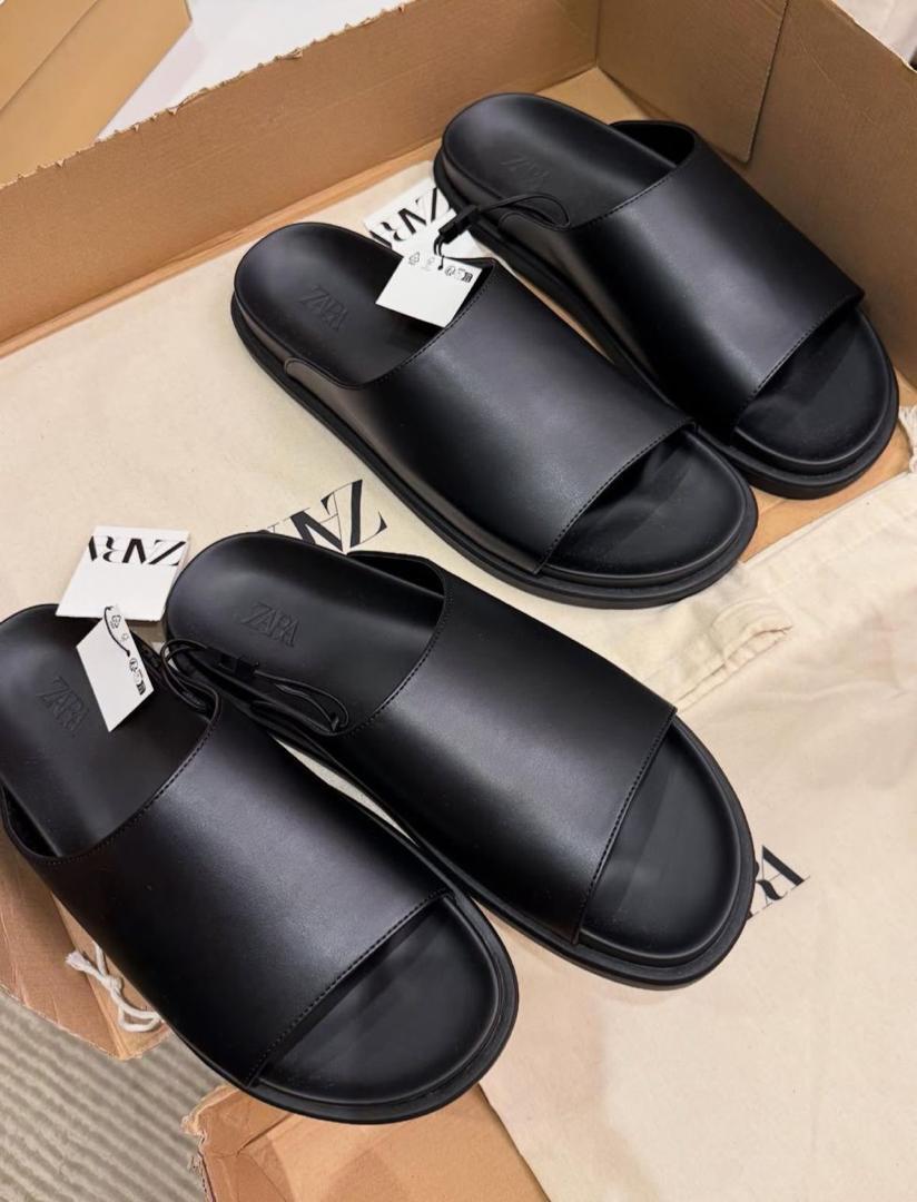 Zara-faux Black Zara Men’s Leather Monochrome Sandals – Minimalist & Stylish | ArvoLuxury - Image 1