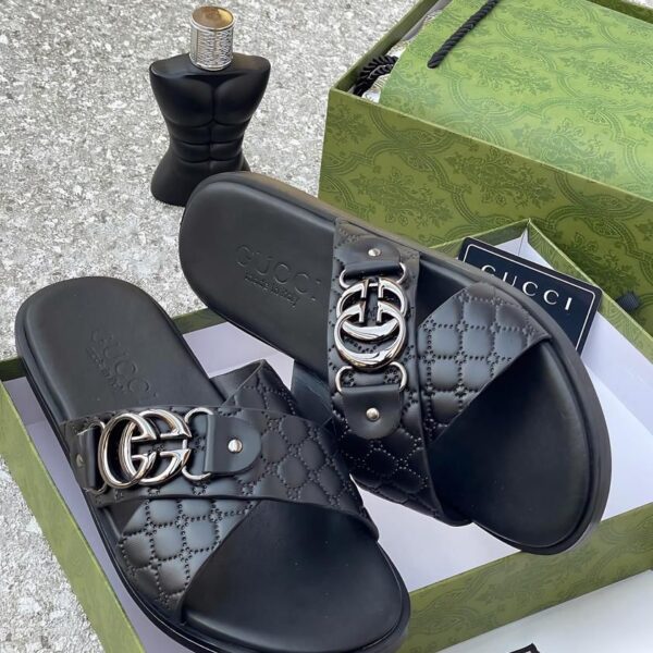Gucci Black Slides with Silver Interlocking G Buckle | ArvoLuxury