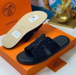 Hermès Oran Sandals in Black with Rhinestone & Canvas Strap Details | ArvoLuxury