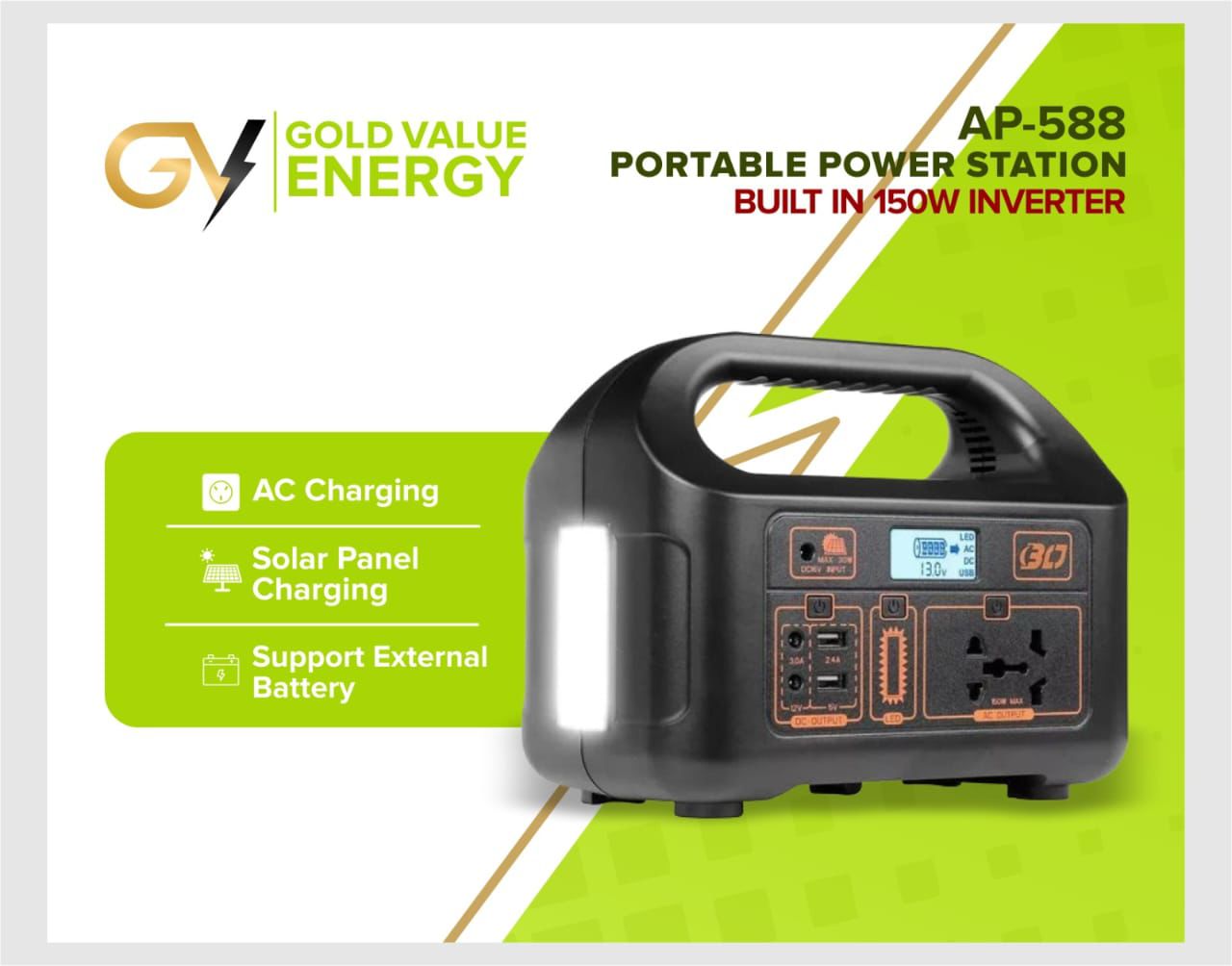 Image showcasing the AP-588 portable power station with key features like AC charging, solar panel charging, and support for an external battery, alongside a green background emphasizing its portability and versatility. Image showcasing the AP-588 portable power station with key features like AC charging, solar panel charging, and support for an external battery, alongside a green background emphasizing its portability and versatility.