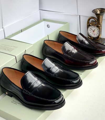 A pair of dark brown leather loafers from Richwanaz, displayed in an open box with a clock and other accessories.