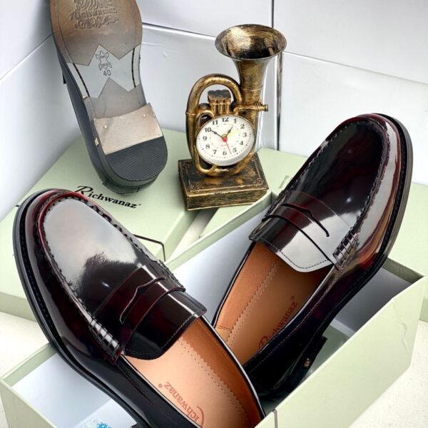 A pair of dark brown leather loafers from Richwanaz, displayed in an open box with a clock and other accessories.