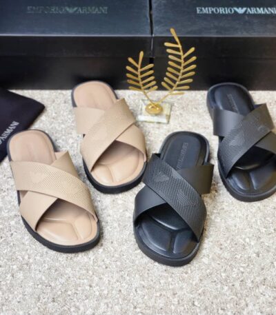 High-quality image of luxurious double strap slide sandals in beige and black, showcasing comfort and style.