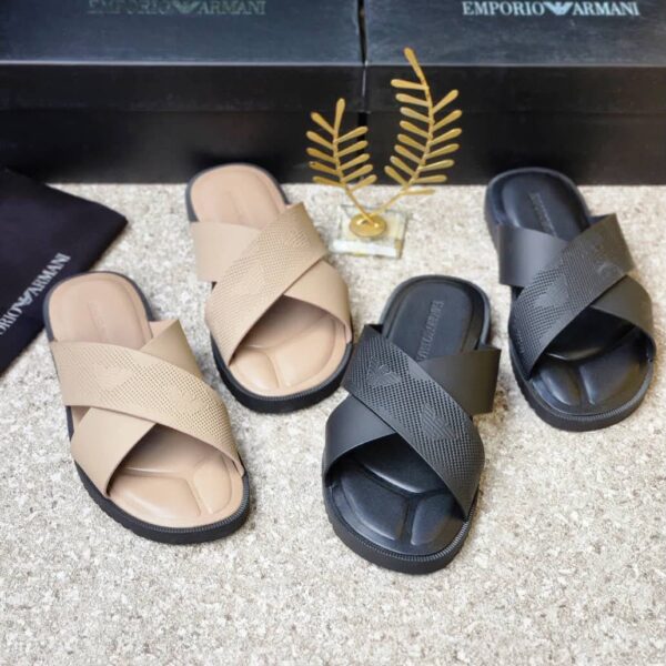 High-quality image of luxurious double strap slide sandals in beige and black, showcasing comfort and style.