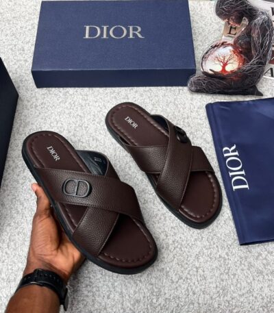 A pair of luxurious dark brown Dior slide sandals with a sleek design and iconic CD logo, presented with a blue box and dust bag.